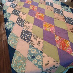 Vintage Quilt 64.5" by 75.75" Handmade Diamond Patchwork Heavy